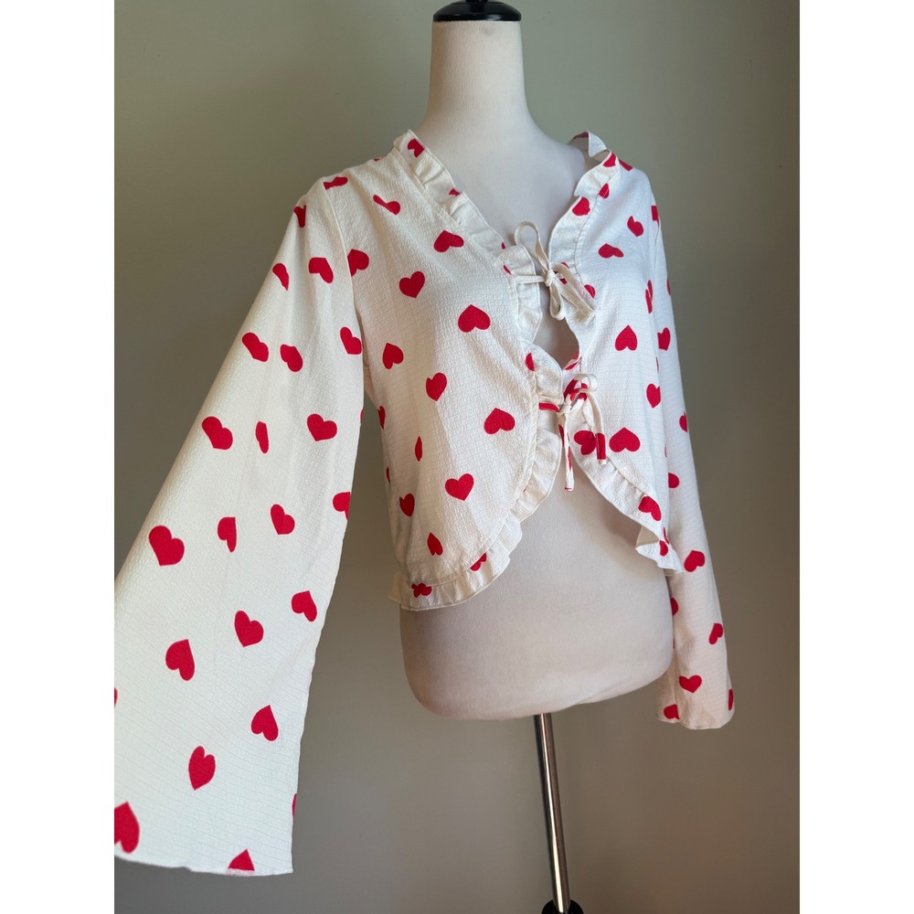 Cream Red Heart Print Tie Front Ruffle Crop Top Flare cute dainty coquette y2k b